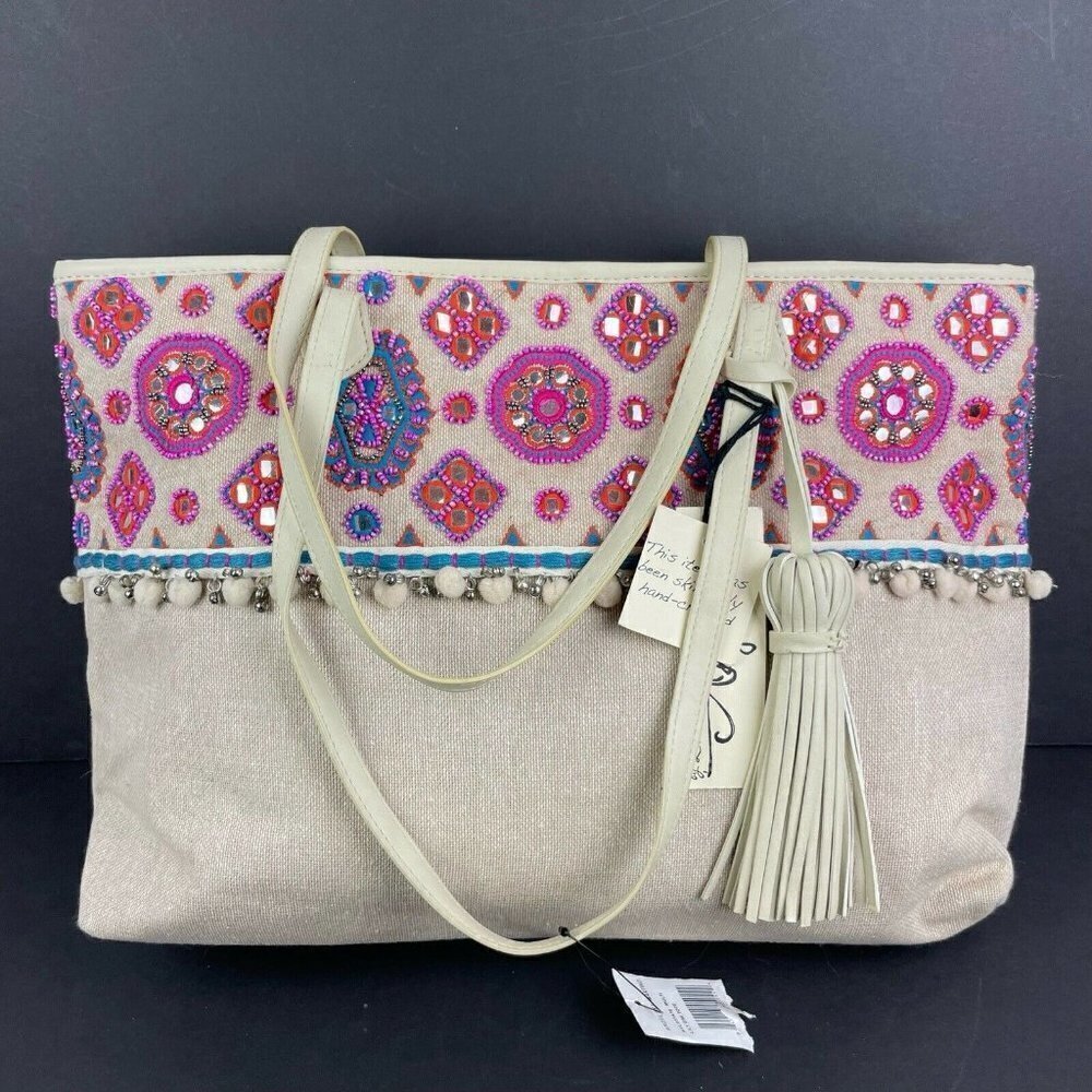 Angel By L.Martino Lily Tote Bag Purple Beige Beaded Pom‎ Poms Boho Handbag New